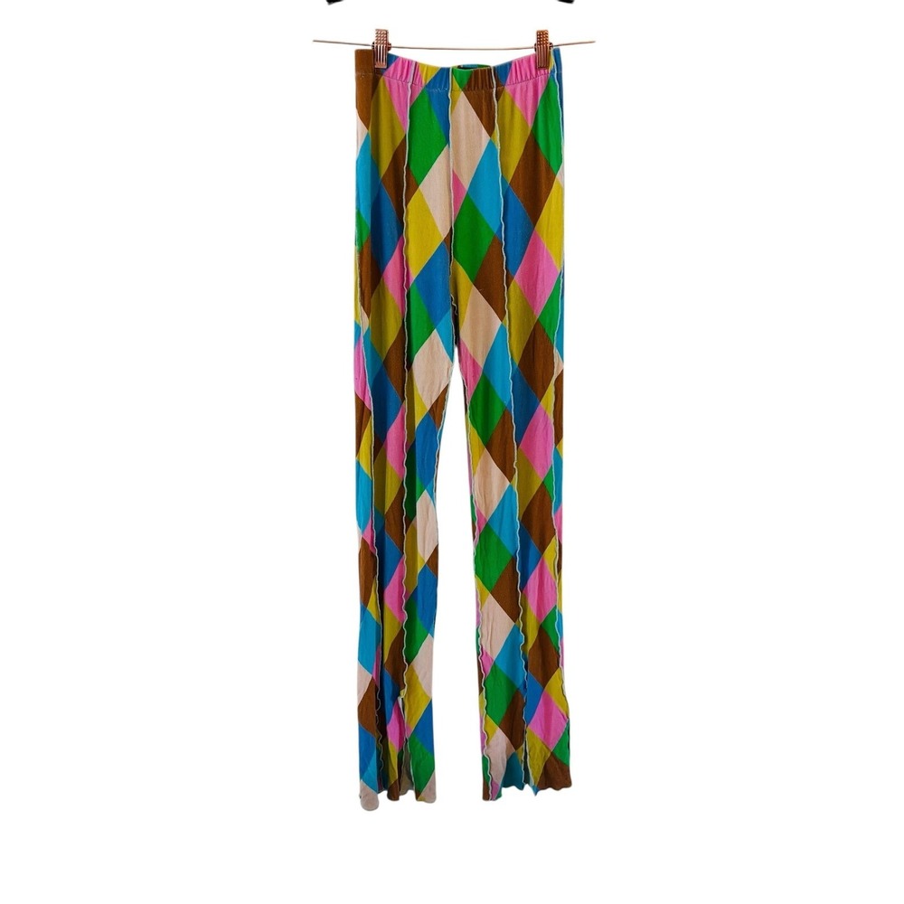 Siedres Argyle Jersey Pants Womens S Multicolor‎ Lettuce Edge Hem Boho Festival